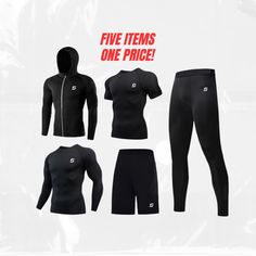 1️⃣ Included This sports set from the brand OneStep includes 5 items: 1 x hoodie 1 x compression long-sleeve 1 x T-shirt 1 x tights 1 x shorts           The set allows for a complete sports outfit for men. It can also be used as separate items to create individual looks or for different types of activities.           2️⃣ Material The items are made from durable, soft and comfortable material with good breathability, preventing overheating and excessive sweating during workouts in the gym or outd Functional Moisture-wicking Stretch Sets, Functional Moisture-wicking Training Set, Functional Moisture-wicking Training Sets, High Stretch Moisture-wicking Sportswear Set, Moisture-wicking High Stretch Sports Set, Breathable Compression Gym Sets, Breathable Compression Sets For Gym, Compression Sets For Gym With Breathable Fabric, Compression Sets With Moisture-wicking For Gym