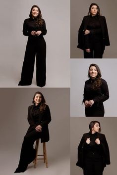 four different pictures of a woman in black clothing