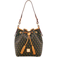 Featuring a petite logo pattern on Italian coated canvas base with leather trim. this understated bucket bag holds all of your essentials with maximum impact, while an on-trend drawstring closure keeps everything secure. Drawstring Shoulder Bag, Dooney & Bourke Bag, Purse Pattern, Bucket Purse, Key Hook, Brown Leather Shoulder Bag, Satchel Tote, Logo Pattern, Large Shoulder Bags