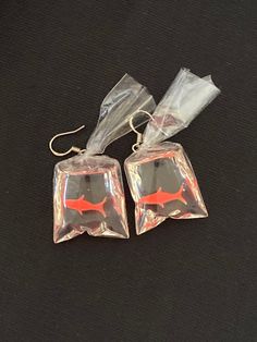 Fish in a bag earrings - resin with sterling silver 925 ear wire - the bag is 2 cm square and they are new and never worn Unusual Vases, Golden Fish, Earrings Resin, Fish In A Bag, Glass Set, Ear Wire, A Bag, Sterling Silber, Silver 925