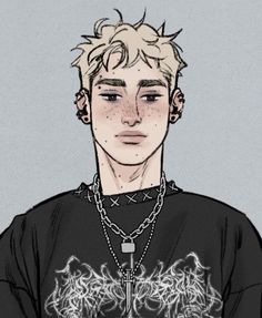 a drawing of a young man with blonde hair wearing a black shirt and chain necklace