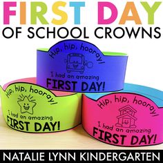 three different colored paper crowns with the words first day on them and an image of a bus