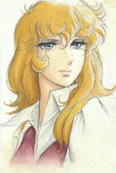 a drawing of a blonde haired girl with blue eyes and long hair wearing a white shirt