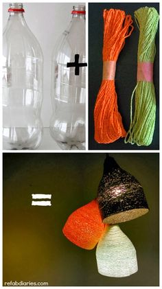 three pictures with different types of yarn and plastic bottles in the middle one has an orange, green, and white string attached to it