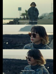 a woman wearing sunglasses and standing next to the ocean with text that reads, i'm