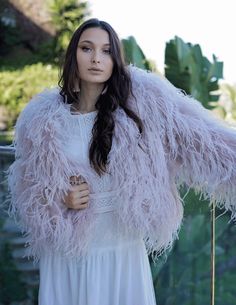 Featherly - Ostrich Feather Jacket in Blush - Le NUAGE Luxe Party Outerwear With Feather Trim, Feminine Fall Wedding Outerwear, Fitted Feather Trim Outerwear For Spring, Feminine Winter Party Outerwear, Pink Feather Trim Outerwear For Fall, Fall Pink Outerwear With Feather Trim, White Fall Wedding Outerwear, Chic Long Sleeve Outerwear For Wedding, Fall Wedding White Outerwear