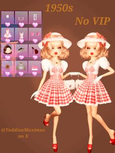 Dress To Impress 1950s Inspo no VIP Dti Theme 1950s No Vip, 1950s Dti Ideas, Decades Dress To Impress, 1950s Dress To Impress, 1950s Outfit Ideas, 1950 Dress, Outfit Hacks, Dti Outfits, 1950s Dress