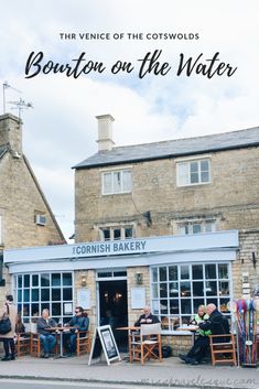 people sitting at tables in front of a building with the words bounton on the water