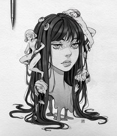 a drawing of a girl with long black hair and flowers on her head, in front of