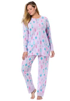 This thermal knit pajama set is where cute meets cozy. The set consists of a long-sleeved henley shirt and coordinating pajama pants. It has a relaxed fit and is perfect for cooler days.  Henley topElastic waist bottomsTop: 28" length; pant: 28" inseamCotton/poly, importedMachine washable | Plus Size Women's Thermal Henley Pajama Set by Dreams & Co. in Pale Lilac Trees (Size 5X) Lilac Trees, Wedge Dress Shoes, Trendy Tunic, Pale Lilac, Thermal Sweater, Womens Thermal, Womens Scrubs, Sweater Collection, Henley Shirt