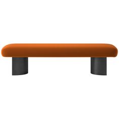 an orange bench sitting on top of a white floor next to a black pole with two legs