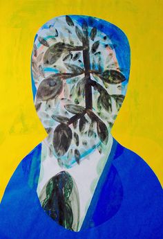 a painting of a man with leaves on his face and in the background is a yellow wall