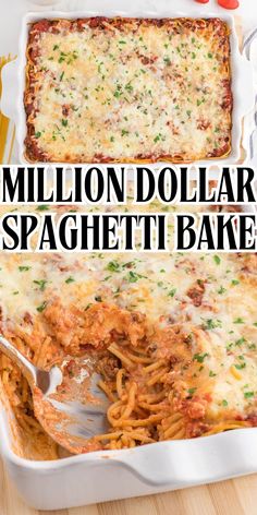 Million dollar spaghetti bake in a casserole dish. With print overlay. Million Dollar Spaghetti Casserole, Spaghetti Bake, Classic Lasagna Recipe, Million Dollar Spaghetti, Spaghetti Casserole, Pasta Dinner Recipes, Baked Spaghetti, Spaghetti Recipes, Meat Sauce