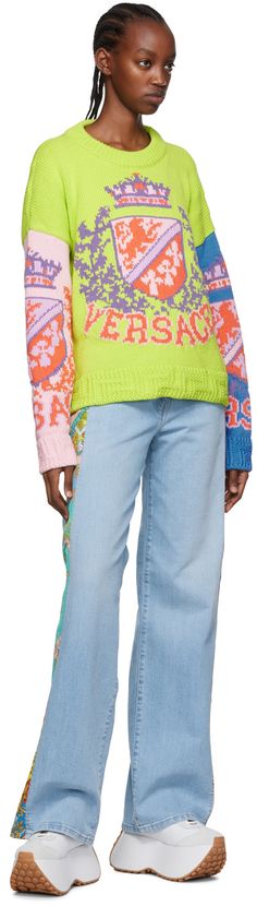 Knit cotton sweater. ·Rib knit crewneck, cuffs, and hem · Intarsia-knit graphic pattern throughout Supplier color: Multicolor Trendy Multicolor Sweater With Ribbed Cuffs, Multicolor Cotton Sweater With Ribbed Cuffs, Multicolor Graphic Print Knit Sweater, Multicolor Knit Sweater With Graphic Print, Multicolor Cotton Jacquard Knit Sweater, Versace Blue, Jeans Belt, Wide Jeans, Knit Crewneck