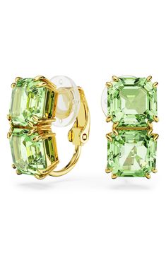 Set off everyday ensembles with these verdant crystal clip-on earrings. 5/8"W x 1/4"L Goldtone plate/Swarovski crystal Imported Dinny Hall Earrings, Luxury Glass Jewelry, Colored Earrings Wedding, Square Crystal Jewelry, Fine Jewelry Earrings Studs, Tracy Glocheski Jewelry, Fine Jewelry Sales, Precious Gems Earrings, Fine Jewelry Trends 2022