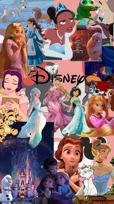 disney princesses collage with their names and pictures in the middle one has an image of