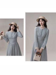 A dress with pale and soft blue that will make you look like a pure queen. This item has natural wrinkles and is decorated with lace embroidery on the neckline and cuffs. An elegant dress that gives a retro impression. 
 
 Size 
 
 S size 
 
 Length: 118cm 
 Shoulder width: 35.5cm 
 Bust: 84cm 
 Waist: 68cm 
 Sleeve length: 58cm 
 
 M size 
 
 Length: 120cm 
 Shoulder width: 36.5cm 
 Bust: 88cm 
 Waist: 72cm 
 Sleeve length: 59cm 
 
 L size 
 
 Length: 122cm 
 Shoulder width: 37.5cm 
 Bust: 92cm Long Sleeve Dresses With Lace Collar For Daywear, Casual Long Sleeve Dress With Lace Collar, Spring Long Sleeve Midi Dress With Lace Collar, Elegant Light Blue Dress With Lace Trim, Elegant Light Blue Lace Patchwork Dress, Spring Feminine Vintage Dress With Lace Collar, Blue Spring Dress With Lace Collar, Blue Dress With Lace Collar For Spring, Spring Blue Dresses With Lace Collar