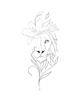 a black and white drawing of a lion's head with leaves on its forehead