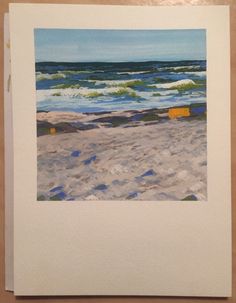 a watercolor painting of waves crashing on the beach