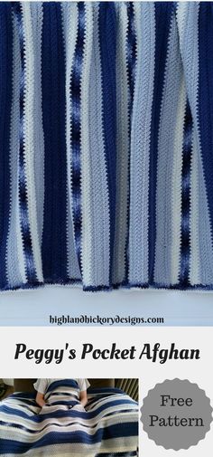 a blue and white striped afghan with text overlay that reads peggy's pocket afghan