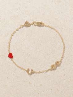 Alison Lou’s bracelet is a perfect gift for an anniversary or just to simply say 'Love U Forever'. It’s handcrafted from 14-karat gold and strung with playful charms, including a red enamel heart and infinity symbol, that spell out the sweet name. Luxury 14k Gold Heart Bracelet For Valentine's Day, 14k Yellow Gold Diamond Bracelet For Valentine's Day, White Gold Jubilee Bracelet For Valentine's Day, Valentine's Day 14k Yellow Gold Diamond Bracelet, Sterling Silver Bracelets For Promise, Sterling Silver Yellow Gold Bracelets For Promise, 14k Gold Diamond Bracelet For Valentine's Day Gift, Luxury Yellow Gold Bracelet For Valentine's Day, Luxury Gold Bracelet For Valentine's Day Gift