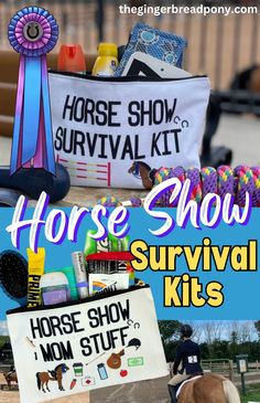 the horse show survival kit is on display in front of a sign and other items