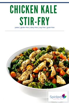 chicken kale stir - fry in a white bowl with broccoli and carrots