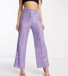 Hose by ASOS Petite Eine Entdeckung für den Warenkorb Mit hohem Bund verdeckter Hosenschlitz Seitentaschen Gerader Schnitt Purple Sequin Pants Outfit, Festival Stretch Purple Pants, Purple Disco Bottoms, Purple Glitter Pants, Purple Sequined Party Sets, Glitter Pants, Asos Petite, Petite Pants