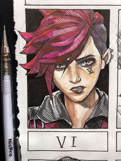 a drawing of an anime character with red hair and purple eyes, next to a pen