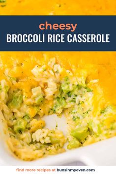 broccoli rice casserole with cheese in a white dish