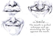 three different facial expressions drawn in pencil on white paper with words describing teeth and mouth shapes