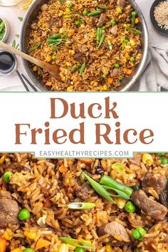 a close up of a plate of fried rice with meat and vegetables on the side