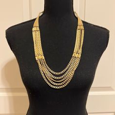 Stunning Necklace With Rhinestone Accents And Multi Layered Chain. New With Tags Party Rhinestone Necklace With Gold Chain, Gold Rhinestone Necklace, Gold Metal Bib Necklace With Adjustable Chain, Goth Choker Necklaces, Goth Choker, Long Tassel Necklace, Multi Layer Necklace, Silver Bead Necklace, Layered Chains