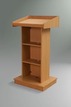 a wooden podium with three shelves on each side