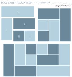 the log cabin variation sheet is shown in blue and white, with numbers on each side