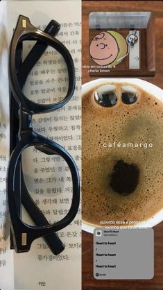 there is a cup of coffee with eyeglasses on it and an image of a man's face