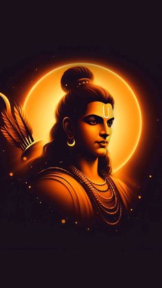 the avatar of lord rama in front of a full moon with an arrow on it