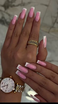 Pink French White Tip Nails, Pink Nails With White Tips French, Pink White Nails French, Pink White Tip Nails, Nail Inspo Girly, Class French Nails, White Pink French Tip Nails, Pink Nails With White French, Pink French Tips With Design