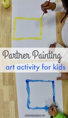 two children are painting on paper with the words, partner painting art activity for kids