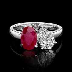 Ross-Simons - 2.00ct Oval Ruby, 1.00ct Pear-Shaped Lab Grown Diamond Toi et Moi Ring Size 7. An RS exclusive. French for "you and me," Toi et Moi rings are a unique way to celebrate a special relationship in your life. Wear our on-trend, two-stone designs as a sentimental symbol of romance, friendship, family - or simply treat yourself to double the sparkle! Here, a fiery 2.00 carat oval ruby beams beside a highly faceted 1.00 carat pear-shaped lab-grown diamond in polished 14kt white gold. Lab- Classic Pear-shaped Brilliant Cut Ruby Ring, Physical And Chemical Properties, Pure Design, Stone Design, Treat Yourself, 14kt Gold, Pear Shaped, Lab Grown Diamonds, Pear