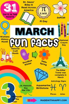 the march fun fact poster for children's books and crafts, with pictures of different things