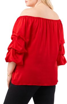 A bold red colorway elevates this shoulder-baring satin top framed by beautifully ruched bubble sleeves. 27" length Off-the-shoulder neck Three-quarter sleeves 100% polyester Hand wash, line dry Imported Red Satin Tops For Spring, Red Satin Top For Spring, Solid Ruched Tops For Evening, Off-shoulder Blouse For Evening, Off-shoulder Ruched Blouse For Fall, Red Off-shoulder Top For Evening, Fitted Ruched Red Blouse, Fall Off-shoulder Ruched Blouse, Red Puffy Sleeve Top