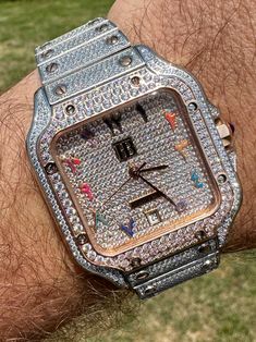 Mens iced flooded out  hip hop watch w. multicolor Arabic numerals
 
 
Fully automatic movement - sweeping hand
 
No batteries just wind the watch and you good to go!
 
 
Iced face, bezel, dial, & bracelet with 16.1ct simulated diamonds...large stones not small chips
Stones set in metal and not glued
 
 
Looks just like natural diamonds and even expert jewelers will have a problem telling them apart
Looks like a $10,000 celebrity watch! Bu Iced Face, Hip Hop Watches, Diamond Ice, Vs Diamond, Hip Hop Jewelry, Diamond Watch, Moissanite Diamonds, Automatic Watch, Chain Pendants