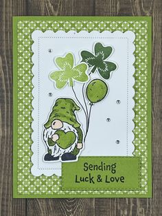 This festive card was created with the Lucky Clover and Friendly Gnomes bundles from Stampin' Up. St Patricks Day Cards To Make, Saint Patrick's Day Cards, Stampin Up St Patricks Day Cards 2023, St Patrick Day Cards Handmade, Stampin Up Cards To Make, St Patrick Cards Handmade, Stampin Up St Patricks Day Cards, Friendly Gnomes Stampin Up Cards, St Patricks Day Cards Handmade