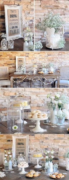 the table is set up with desserts and flowers