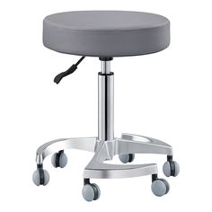 a gray stool with wheels is shown against a white background and has an adjustable foot rest