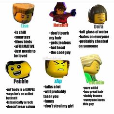 the different types of people with their names in legos and other words on them