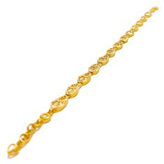 This luxurious bracelet, made from 22k yellow gold and weighing 10.5 grams, boasts a shiny palatial paisley design that exudes opulence and grandeur. The bracelet's length of 7.75 inches ensures a comfortable fit on the wrist, secured with an elegant S lock for a touch of vintage charm. The intricate paisley patterns give it a regal appearance, making this piece a standout accessory for both formal occasions and everyday elegance. Ideal for those who appreciate the beauty of detailed craftsmansh Classic 22k Yellow Gold Bracelets, Classic 22k Yellow Gold Bracelet, Classic 22k Gold Bracelets For Formal Occasions, Classic 22k Gold Bracelet For Formal Occasions, 22k Gold Jubilee Bracelet, Luxury 22k Gold Bracelet For Formal Occasions, Luxury 22k Gold Formal Bracelet, Elegant 22k Gold Bracelets For Formal Occasions, Elegant 22k Gold Round Bracelet