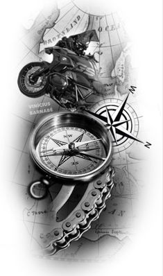 a black and white photo of a motorcycle on a map with a compass in the foreground