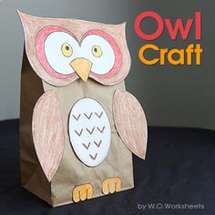 an owl paper bag with the words owl craft on it's front and bottom